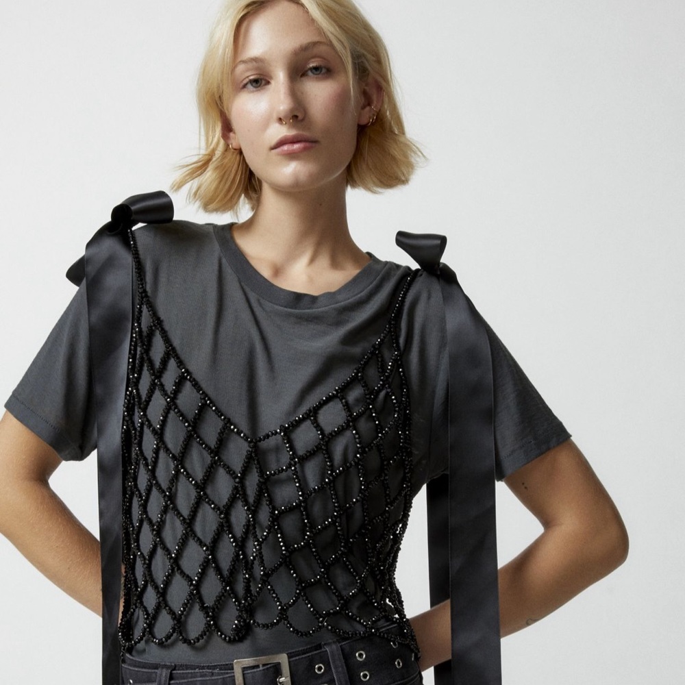 Urban Outfitters Black Beaded Mesh Crop Top